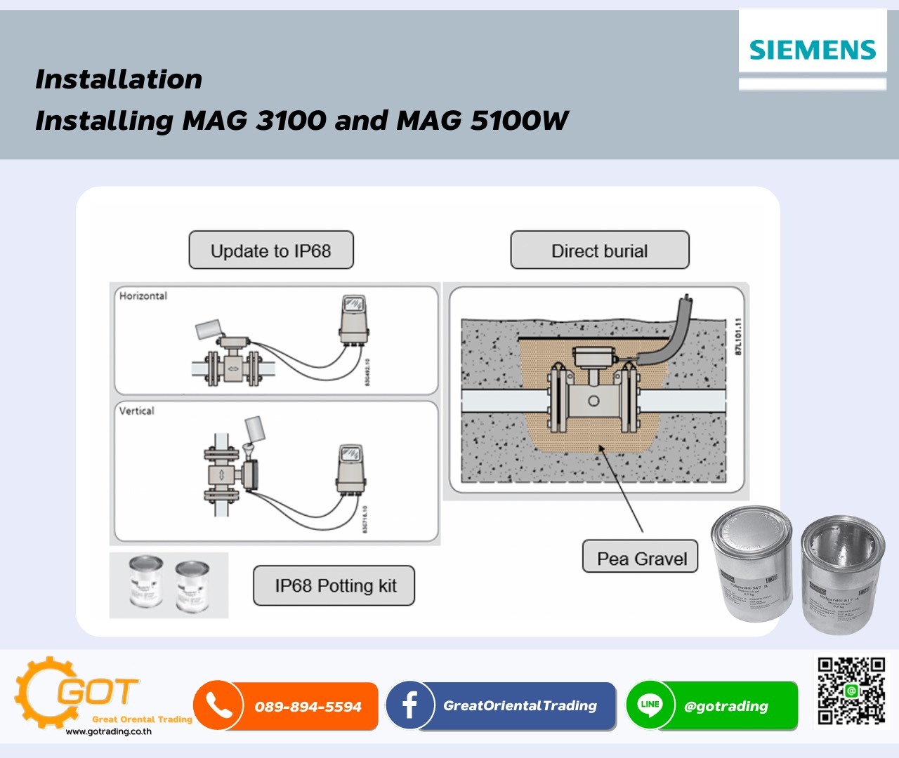 การติดตั้ง Magnetic Flow MeterแบบRemoteทำได้อย่างไรเมื่อต้องการอัพเกรดการติดตั้งเป็น IP68 Installing MAG 3100 and MAG 5100W กรณีที่ 1 ติดตั้งท่อตำแหน่ง Terminal ต้องทำการใส่ Potting Kit ก่อนปิดฝา กรณีที่ 2 ฝังไว้ใต้ดิน ตำแหน่ง Terminal ต้องทำการใส่ Potting Kit ก่อนปิดฝาและฝังดิน และควรฝังด้วยทรายหรือกรวดละเอียด