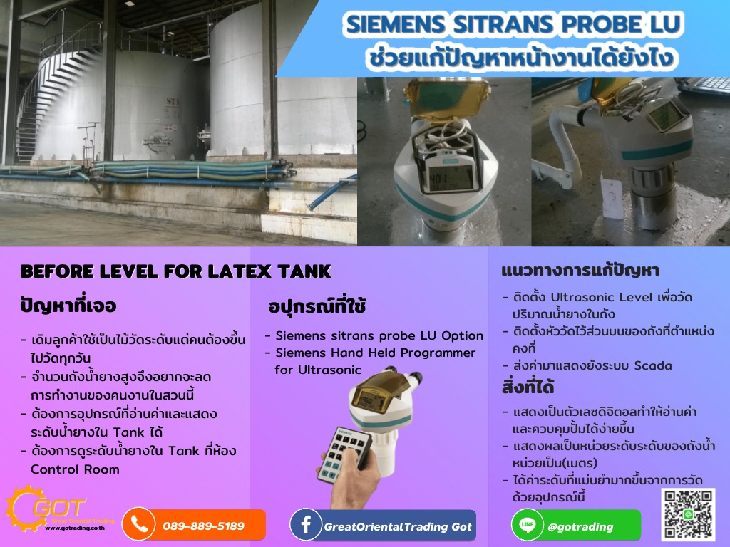 SIEMENS SITRANS PROBE LU ช่วยแก้ปัญหาหน้างาน ในกรณีที่ลูกค้าเจอปัญหา  เดิมลูกค้าใช้เป็นไม้วัดระดับซึ่งจะต้องมีคนขึ้นไปวัดทุกวัน และ จำนวนถังน้ำยางสูงจึงอยากจะลดการทำงานของคนงานในส่วนนี้