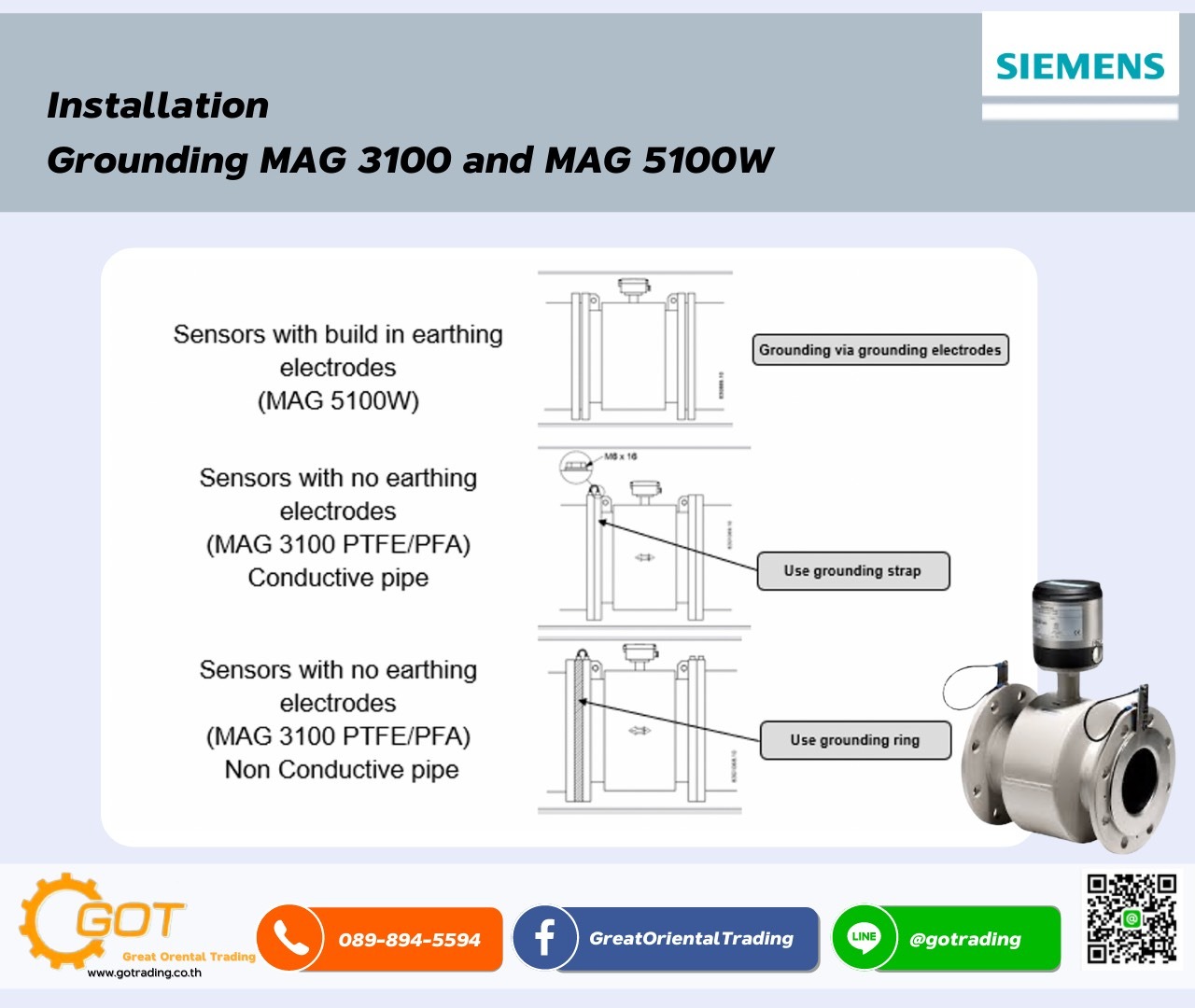 Magnetic Flow รุ่นไหนของ SIEMENS ต้องทำการติดตั้งแผ่นกราวนด์ (Installation Grounding MAG 3100 and MAG 5100W) การติดตั้ง Magnetic Flow ของSiemens ต้องคำนึงถึงรุ่นที่จะเลือกใช้ด้วย เพราะ แต่ละรุ่นจะมีข้อบังคับให้ติดตั้งดังนี้ รุ่น MAG 5100W ไม่ต้องติดตั้งแผ่นกราวนด์ 